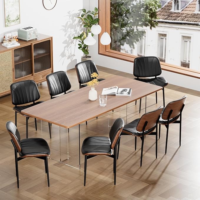 Dining Chairs Set of 6, Dining Room and Kitchen Chairs, FSC Certified Mid Century Modern Accent Chair, Upholstered PU Leather Chairs for Vanity with Walnut Bentwood and Metal Legs, Black