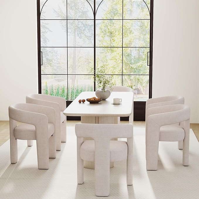 Modern Barrel Dining Chairs Set of 2, Linen Upholstered Accent Side Chair with Arms Comfy Makeup Vanity Chairs, Dining Living Room Kitchen Chairs, Beige
