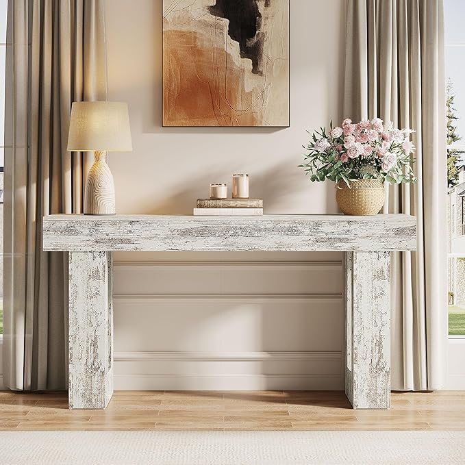 Tribesigns 63-Inch Long Console Table, Wooden Rectangular Sofa Table Behind The Couch, Farmhouse Entryway Table for Entrance, Hallway, Living Room (Distressed White)