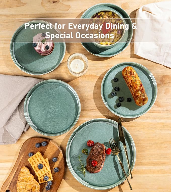 GBHOME Stoneware Dinnerware Sets for 4,Round Reactive Glaze Ceramic Plates and Bowls Set,Highly Scratch Resistant | Dishwasher & Microwave Safe Dishes Set,Service for 4(12Pcs),Malachite Green