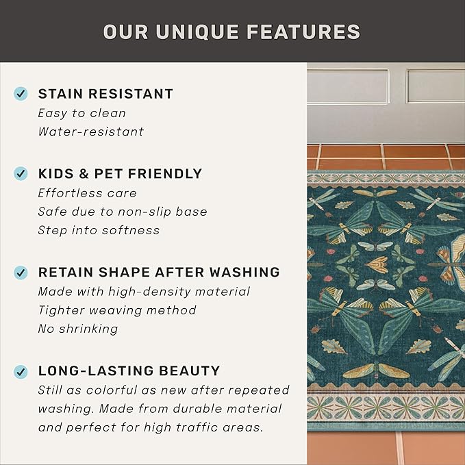 Teal Green Living Room Rugs - 10x14 Large Area Rug for Dining Room, Big Bedroom, Playroom Kids, Foldable Insect Décor