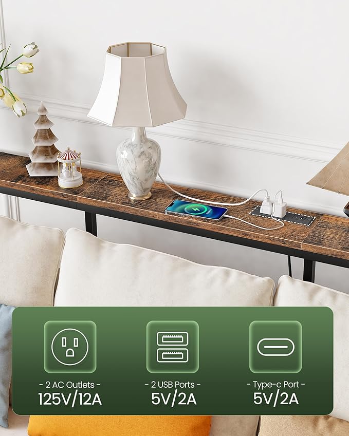 62.99" Console Table with Charging Station, Narrow Long Behind Couch Table, with 2 AC Outlets, 1 USB-A Port and 1 Type-C Port Rustic Brown and Black TXG26UBF
