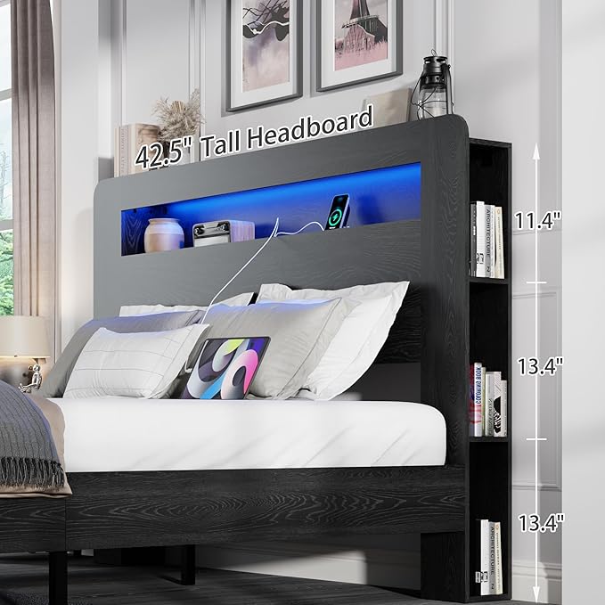 Queen Size Wooden Bed Frame with Bookcace Storage Headboard, Rustic Farmhouse Bedframe with LED Lights and Charging Station, Sturdy and Stable, Slat Support, No Box Spring Required (Black, Queen)