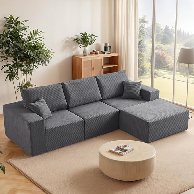 INGEROOM 108" Cloud Sectional Couch with Chaise, Modular L-Shaped Sofa Deep Seat Comfy Corduroy Memory Foam Couch for Living Room Bedroom, No Assembly Required, Dark Gray