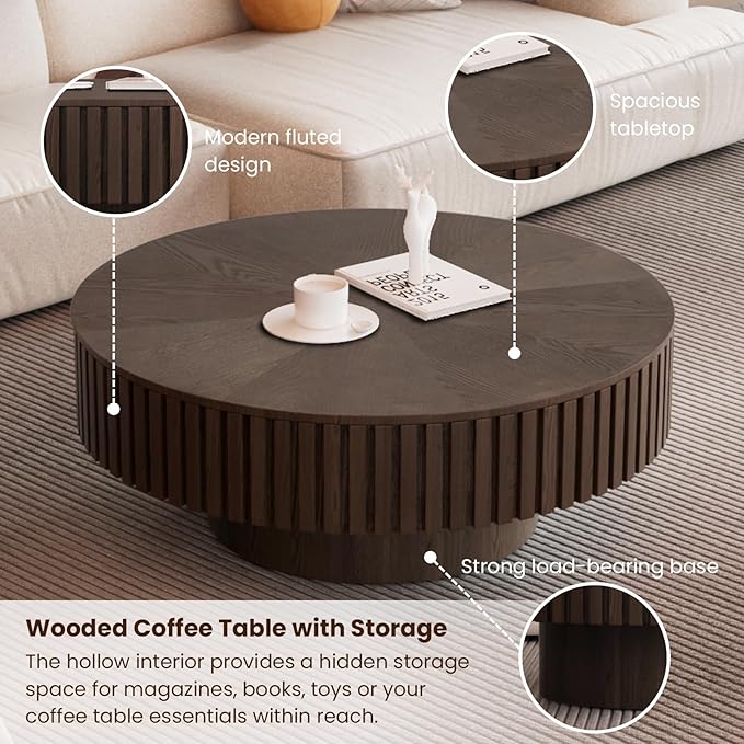 Round Drum Coffee Table with Storage for Living Room, Mid Century Modern Coffee Table with Sturdy Pedestal, Farmhouse Fluted Circle Center Table Accent Tea Table (31.5" Brown with Storage)