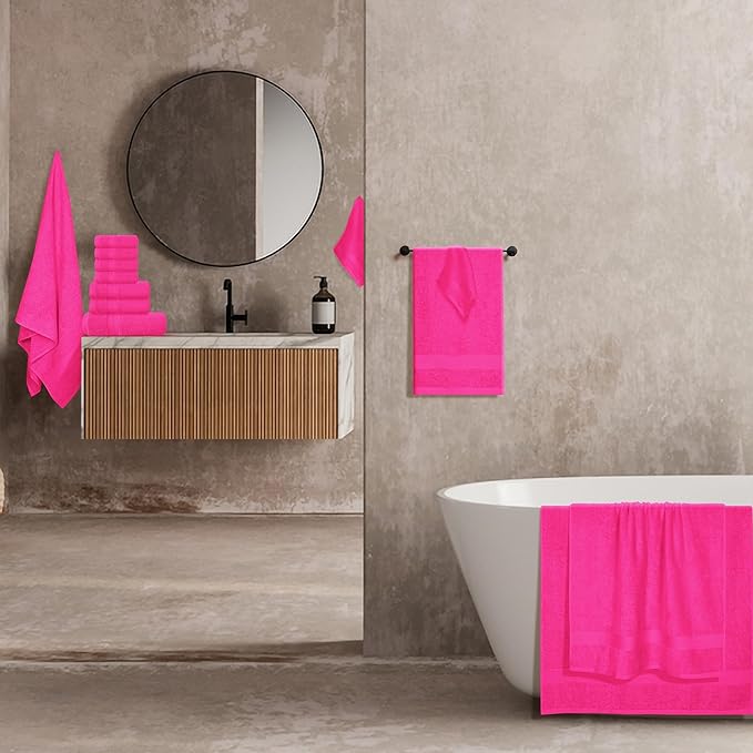 BOUTIQUO 24 Pack Cotton Towel Set, Contains 6 Bath Towels 27x54 inch, 6 Hand Towels 16x24 inch & 12 Wash Coths 12x12 inch, Ideal Everyday use, Ultra Soft Compact & Lightweight - Hot Pink