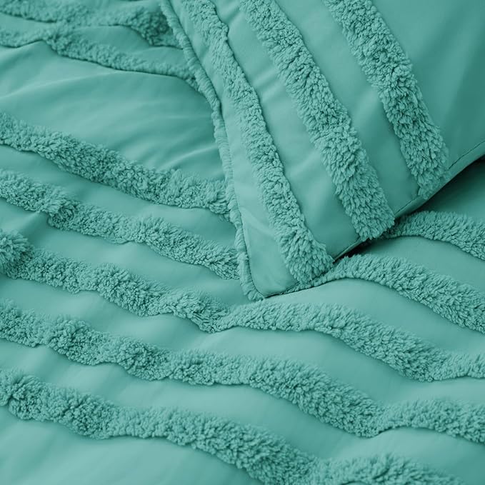 BEDELITE Boho Comforter Set Queen Size, Aqua Tufted Striped Bed Set 3 Pieces, Soft Vintage Farmhouse Comforter for All Seasons, Boho Home Decor,Fluffy Jacquard Bedding with 2 Pillow Shams