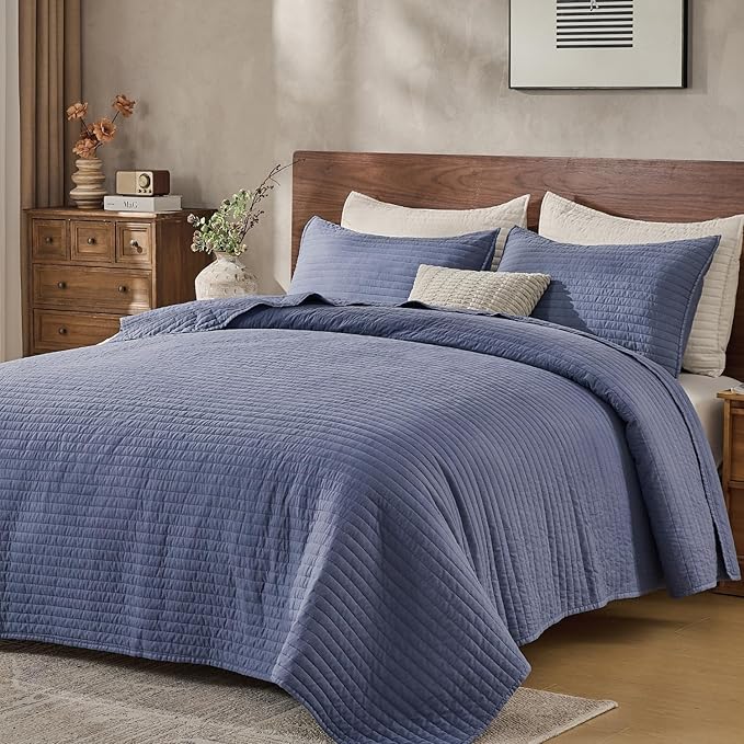 DOWN HOME Twin Quilt Bedding Set with Sham, Vintage Washed Soft Quilted Blanket Thin Comforter Lightweight Bedspread Coverlet Bed Cover, Brushed Microfiber Stripe Stitching, Vintage Denim, 66"x92"