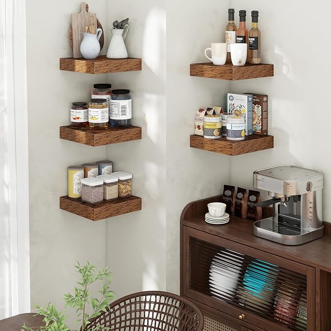 Square Floating Shelves for Wall, 12" W x 12" D x 2" H, 2 Pack of Small Wall Mounted Engineered Wood Shelves with Invisible Brackets for Living Room, Bedroom, Bathroom, Kitchen Decor, Brown