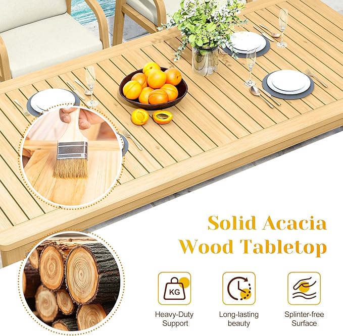 7-Piece Outdoor Dining Set for 6 with 23" Extra Wide Chair and Cushion，Patio Table and Chairs Set with All Acacia Wood Frame, All-Weather PE Rattan Outdoor Patio Furniture Set for Lawn Garden, Beige