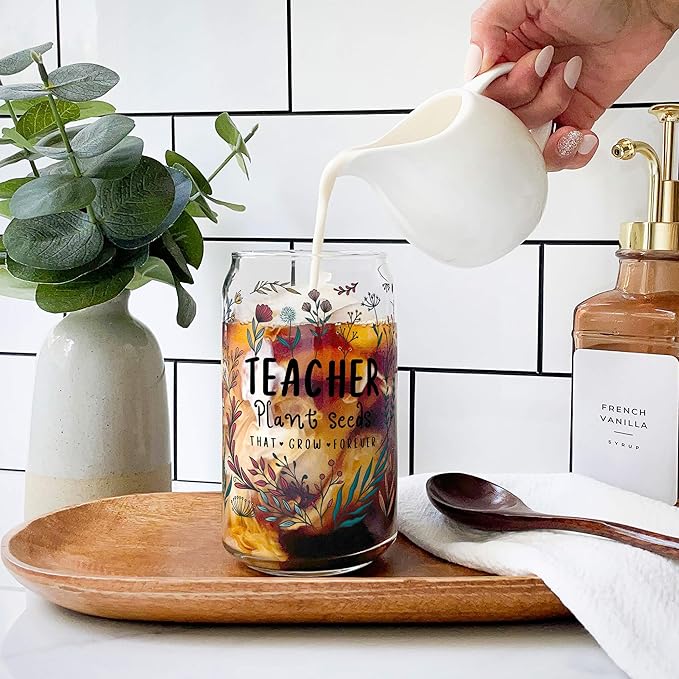 Fancyfams 16 oz Glass Teacher Cup with Bamboo Lid, and Straw, Birthday, Teacher Appreciation Gifts for Women, Iced Coffee Can Shaped Cup Jar Tumbler (Plant Seeds)
