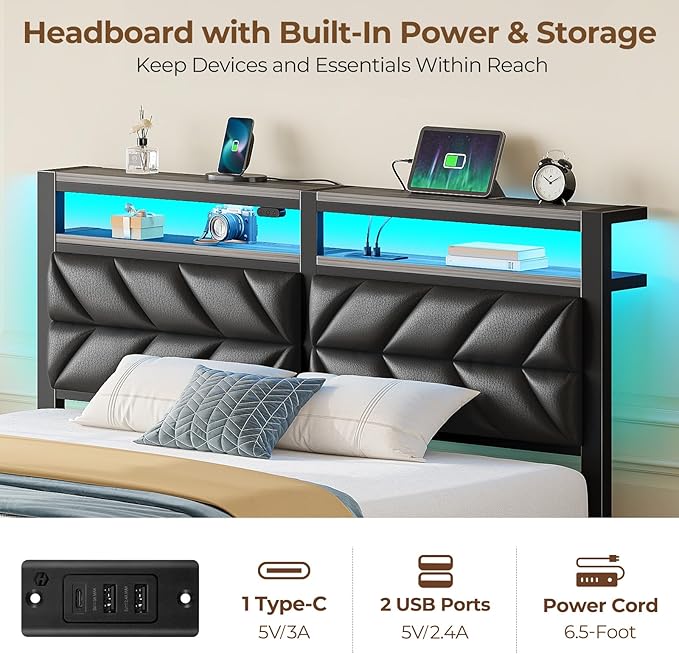 Seventable Bed Frame Queen Size with Charging Station, LED Bed with Upholstered Storage Headboard, Metal Platform Bed with Under Bed Storage, No Box Spring Needed, Noise Free, Easy Assembly, Black