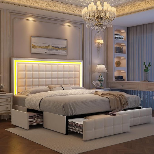 King Bed Frame with LED Lights & Storage Drawers, No Box Spring Needed, Heavy Duty 900lbs Weight Capacity, Easy Assembly, Modern Upholstered Platform Bed, Velvet Cream