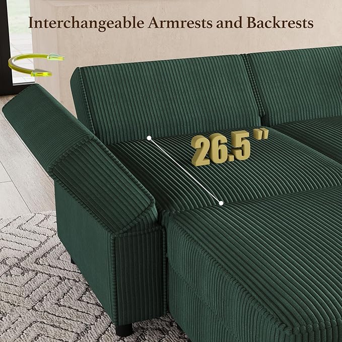 114.2" Modular Sectional Sofa with Deep Storage Seat,Corduroy 7 Seat U Shaped Sofa Couch,Modular Sofa Couch with Movable Ottoman Chaise,Upholstered Sectional Couches for Living Room,Green