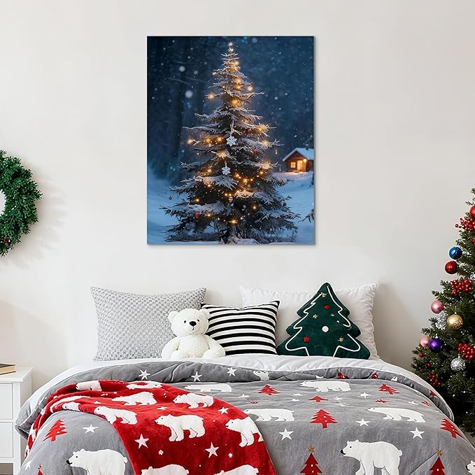 Framed Christmas Pictures Wall Decor,Vintage Pine Tree Prints,Winter Christmas Canvas Wall Art Decoration for Bedroom Bathroom Living Room Rustic Xmas Holiday Gifts (Christmas Tree 19, 20'' X 32'')
