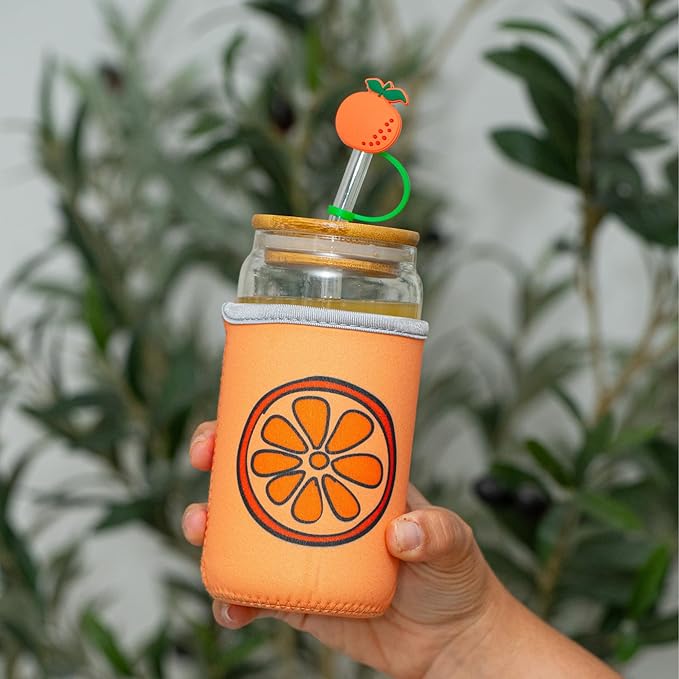 Orange Gifts for Women - Glass Tumbler with Lid and Straw, Customized Straw Stopper and Cup Sleeve. Aesthetic Unique Design Iced Coffee Gift Cup for Mom, Teacher, Friend