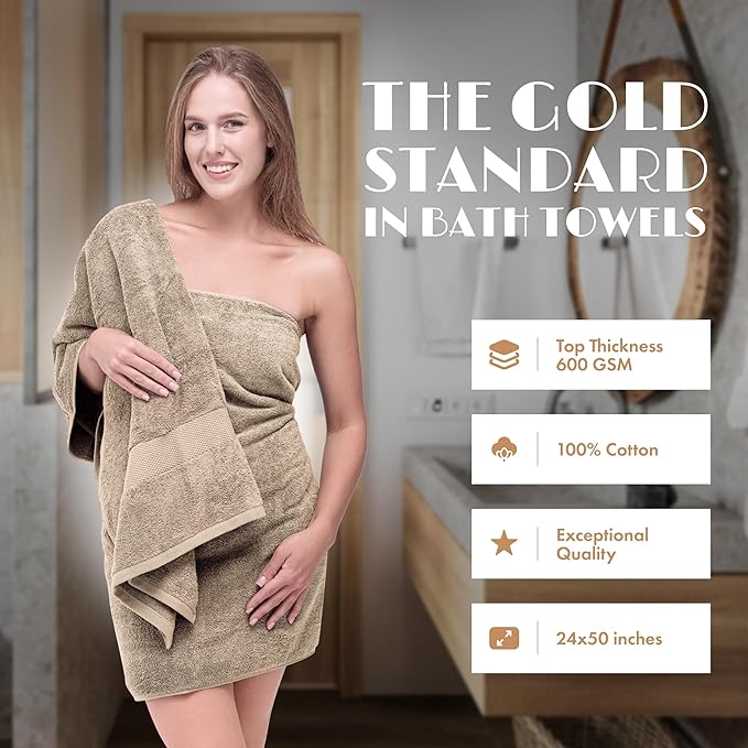 Wealuxe Taupe Bath Towels 24x50 Inch, Cotton Towel Set for Bathroom, Hotel, Gym, Spa, Soft Extra Absorbent Quick Dry 6 Pack