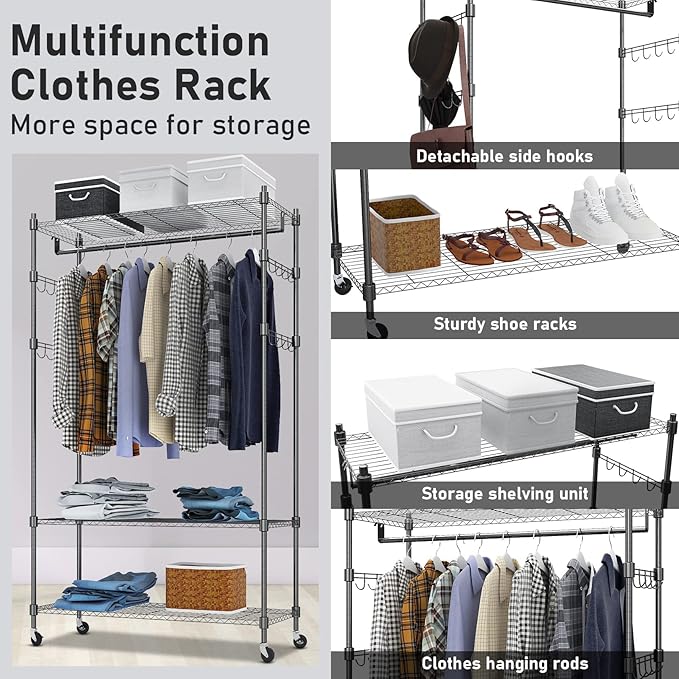 Heavy Duty Clothes Rack, Adjustable Rolling Garment Rack with Shelves, Freestanding Wardrobe Rack 1 Clothes Hanging Bar, 3 tired Wire Shelving, 4 Hanger Hooks - Hold Up to 400Lbs (Black, 1Rod 4Hook)