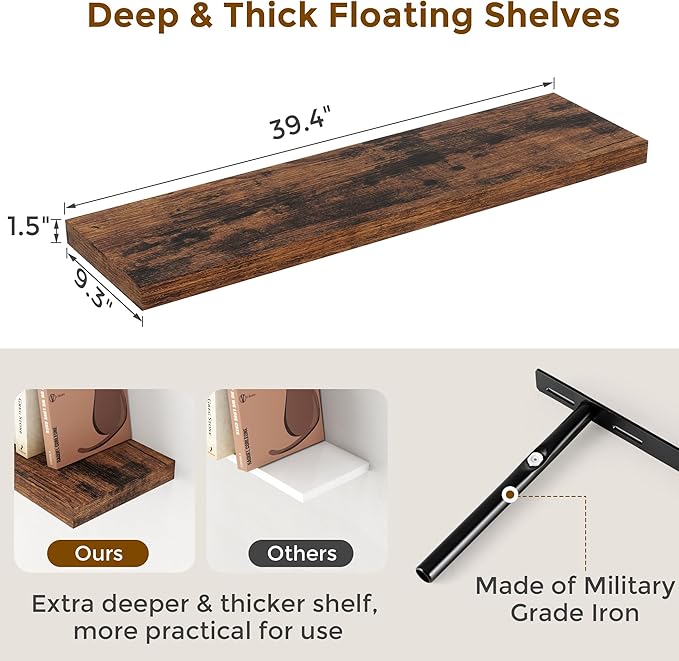 40 Inch Floating Shelves for Wall, 9.3 Inch Deep Shelves for Books & Decor, Wall-Mounted Floating Shelf 40 Inch Long Set of 2, Rustic Wooden Shelf for Living Room, Bedroom, Kitchen, Rustic Brown