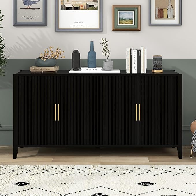 63 Inch Modern Console Table Sofa Table with 4 Doors and Metal Handles, Accent Buffet Sideboard Serving Storage Cabinet with Shelf for Living Room Kitchen (Black)