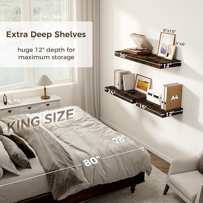 12 Inch Deep Floating Shelves, 16 x 12 Floating Shelf for Books, Rustic Wood Deep Wall Shelves for Home Storage & Display, 2" Thicked Shelves for Kitchen, Living Room, Bedroom, Rustic Brown, 2 Pack