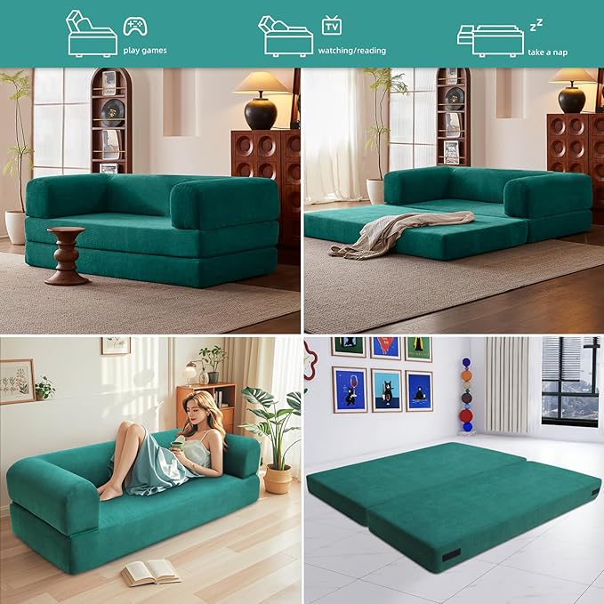 Fold Sofa Bed Memory Foam Futon Sleeper Chair Guest Bed and Fold Out Couch,Couch for Living Room Corner Chair Bedroom (Green)