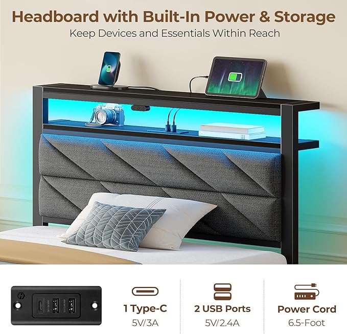 Seventable Twin Bed Frame with 4 Storage Drawers, Charging Station & LED Lights, Upholstered Headboard with 2-Tier Shelves, Metal Platform Bed, No Box Spring Needed, Noise-Free, Grey