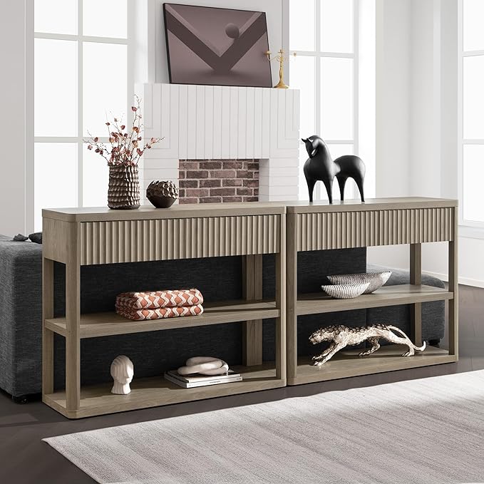 SICOTAS Fluted Entryway Table with Storage, 44.13" W Console Table with 2 Drawers & 2 Tier Storage Shelves, Modern Sofa Table Behind The Couch for Living Room, Entrance, Hallway, Foyer, Grey Alder