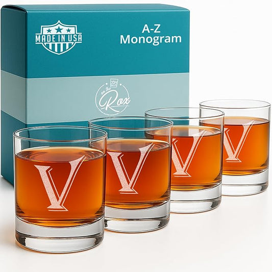 Monogrammed Gifts for Men - 4PC 11 Oz Custom Whiskey Glasses (V-Monogram) - Engraved Whiskey Glasses - Personalized Whiskey Glasses - Unique Bourbon Glasses - Personalized Glass Gifts for Dad