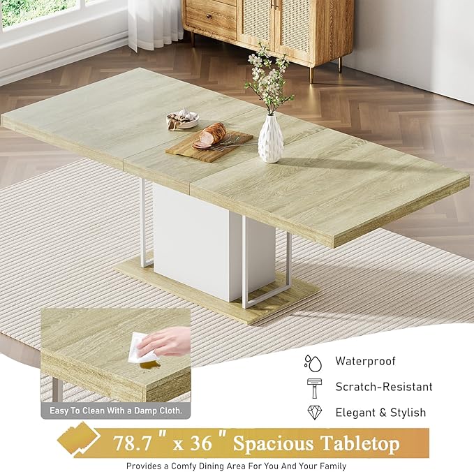 Goujxcy 78.7" Farmhouse Extendable Dining Room Table Set for 4, 5-Piece Rectangle Kitchen Dining Room Table Set with Wood Base and 4 Beige Velvet Dining Chairs, Extending Kitchen & Dining Table Set