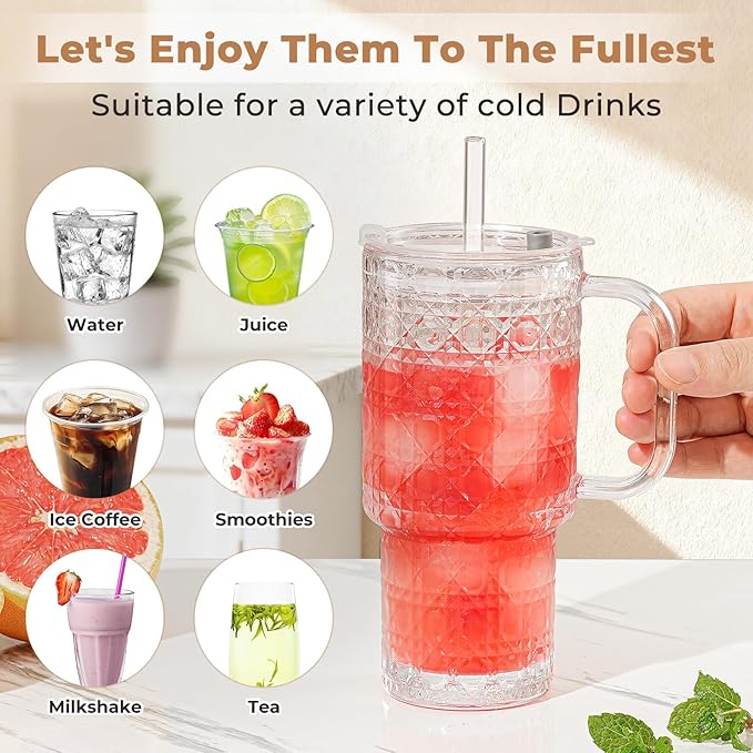 17oz Water Glass Tumbler with Handle & Lid Coasters, Reusable Iced Coffee Cups with Straws – Set of 2, Glass Cups for Smoothies, Juice, Coffee, Tea