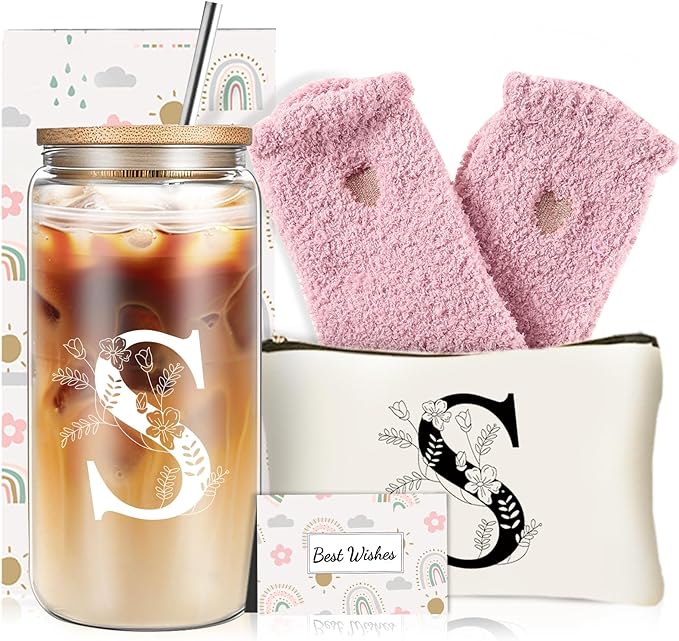 Unique Initial Glass Cup with Lids and Straws, Monogrammed Gifts Box Included Makeup Bag, Christmas Birthday Gifts for Women Mom Sister Grandma, S