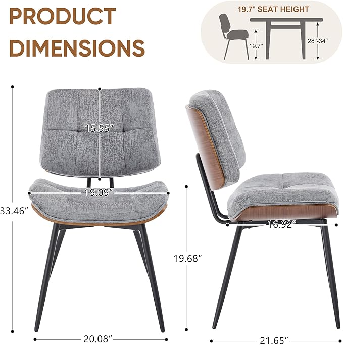 BFZ Dining Chairs Set of 6, Mid Century Modern Kitchen Chairs with Walnut Bentwood Back and Metal Legs, Upholstered Fabric Dining Room Chairs for Kitchen, Living Room