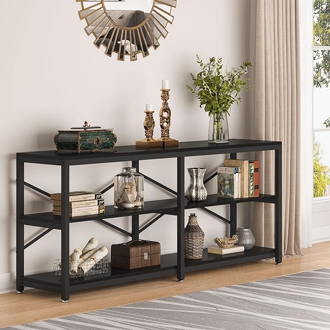 LITTLE TREE 70.9 Inch Long Console Sofa Table 3-Tier Industrial Sofa Table Behind Couch Table Hallway Entryway Table for Living Room, Black