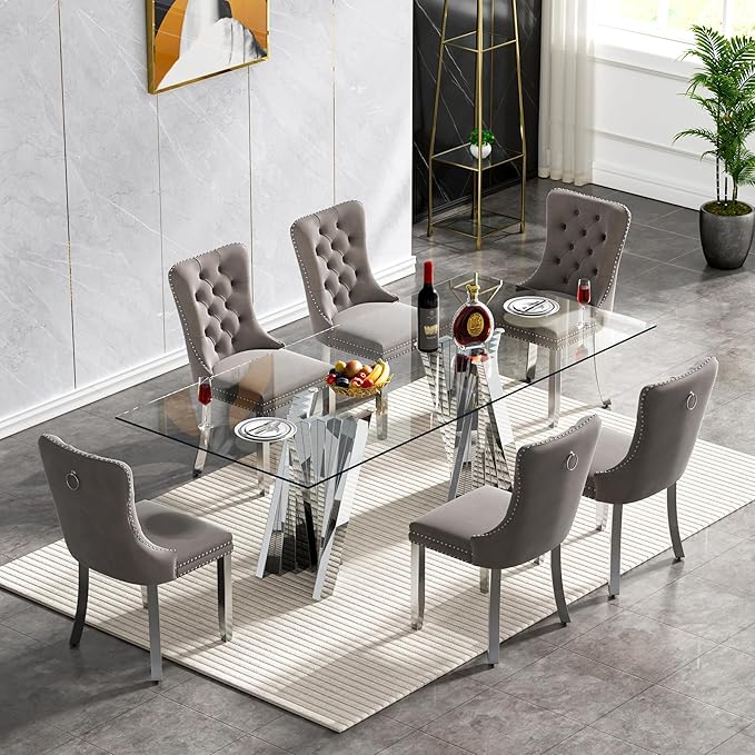 Goujxcy 70" Glass Dining Table Set for 6, Modern Silver Dining Table Set with 6 Grey Velvet Upholstered Dining Chairs, 7 Piece Kitchen Dining Room Table Set with Stainless Steel Legs