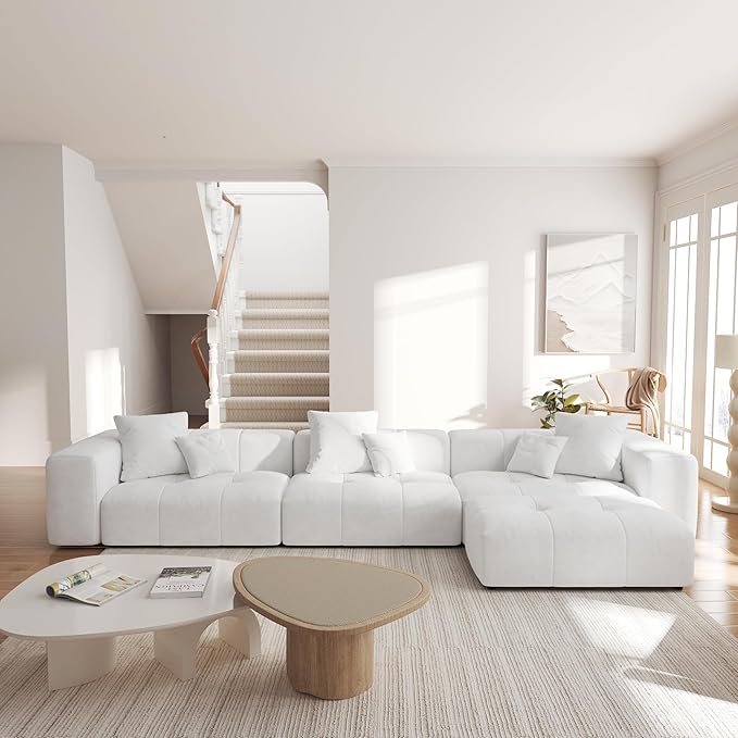 JACH 144.1 Inch L-Shaped Modular Sofas, Modern 3-Seater Couch with Chaise Ottoman, Mid Century Modern Sectional Couches, Cozy Sleeper Sofa for Apartment/Living Room (Linen Fabric, White)