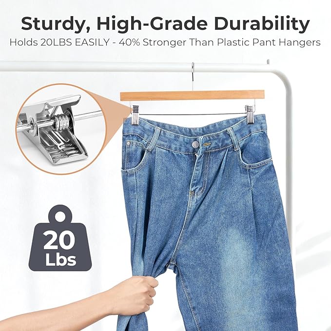 HOUSE DAY Premium Wooden Pants Hangers 15 Pack, Solid Lotus Wood Skirt Hangers with 2-Adjustable Clips, Heavy Duty & Anti Slip Wood Bottom Hanger for Slacks, Jeans, Trousers, Shorts (Natural)