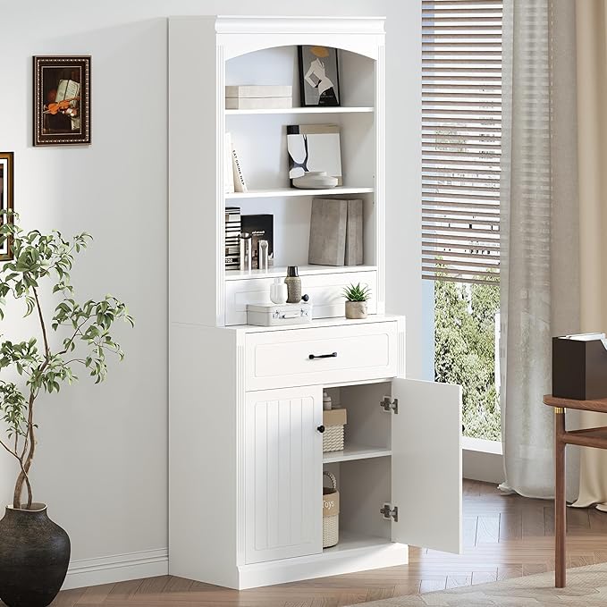 Tall Cabinet with 2 Drawers and Doors, Multi-Functional Storage Unit/Bookcase, Kitchen Cabinets, Pantry Cupboard for Living Room/Home Office/Bathroom, White
