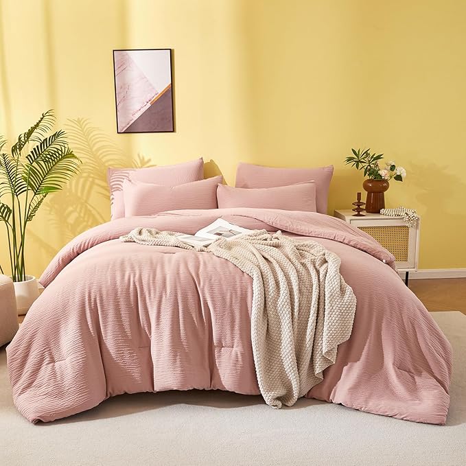 King Size Comforter Set Dusty Rose - Double-Layer Crinkle Gauze Bed Set, 3 Pieces Soft Bedding Set for All-Season, Lightweight Warmth with 2 Pillowcases