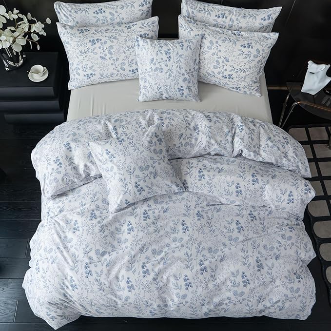 Floral Comforter Set - 3 Pieces Soft Cute Bedding Comforter and 2 Pillowcases Garden Style Blue Flower Print Botanical Comforter Full for All Seasons