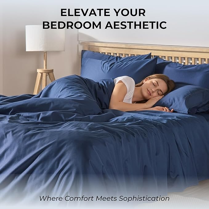 100% Natural Cotton Bed Sheets | 500 TC Single-Ply Sateen Weave King Size Sheets Set | Breathable & Hypoallergenic Solid 4-Piece Bedding with Deep Pocket Fitted, Flat, Pillowcase|Navy Blue