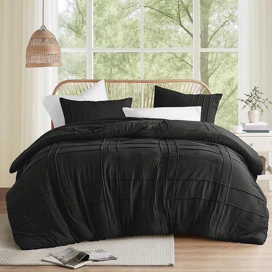 Comfort Spaces Black Full Size Comforter Set - 3 Pieces Pintuck Pleated Bedding Sets All Season Lightweight, Extra Softness Pre-Washed Microfiber Bed Set, Shams
