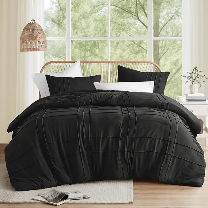 Comfort Spaces Black Twin Size Comforter Set - 2 Pieces Pintuck Pleated Bedding Sets Twin, All Season Lightweight, Extra Softness Pre-Washed Microfiber Twin Bed Set, Shams, Twin/Twin XL