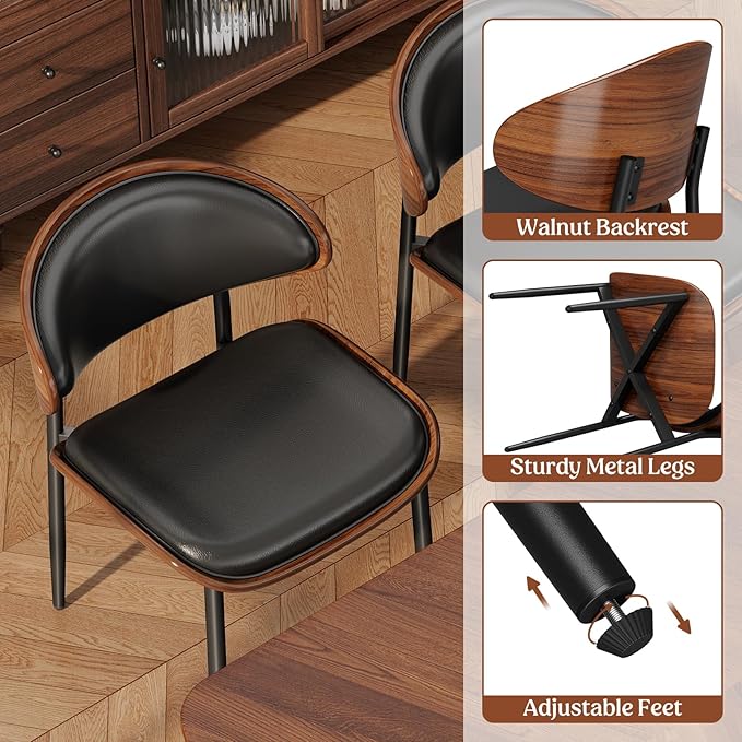 Dining Chairs Set of 6, Mid-Century Modern Upholstered PU Leather Chairs with Walnut Bentwood Back and Metal Legs Adjustable Feet for Kitchen Dining Room, Black PU