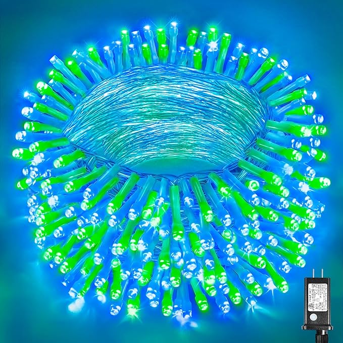 300 LED Christmas Lights Outdoor 100FT Connectable String Lights Indoor 8 Modes Clear Wire Plug in Waterproof Twinkle Fairy Lights for Bedroom Christmas Tree Party Decorations, Blue&Green