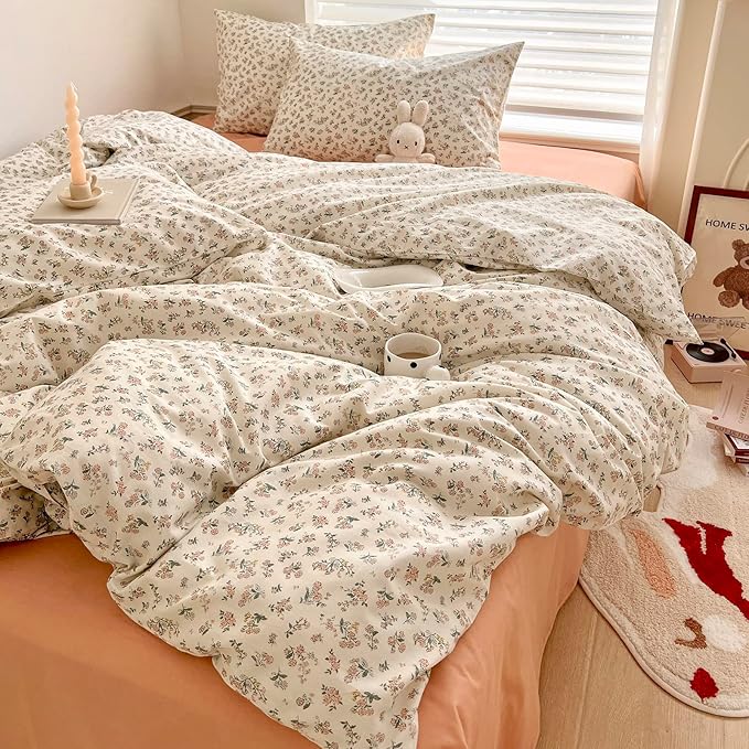 EAVD Boho Floral Comforter Set Queen Soft Microfiber Chic Cute Small Floral Bedding Comforter Set with 2 Pillowcases French Garden Botanical Comforter Set for All-Season