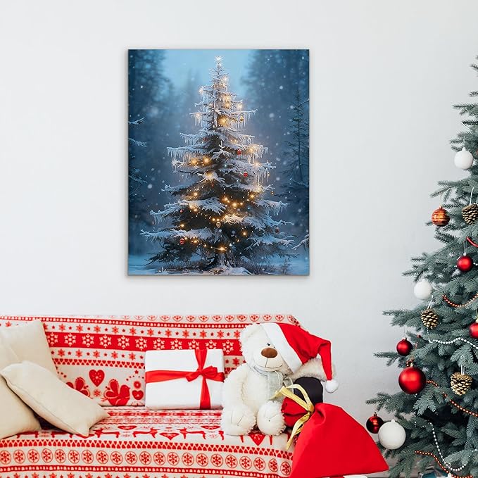 Framed Christmas Pictures Wall Decor,Vintage Pine Tree Prints,Winter Christmas Canvas Wall Art Decoration for Bedroom Bathroom Living Room Rustic Xmas Holiday Gifts (Christmas Tree 15, 16'' X 20'')