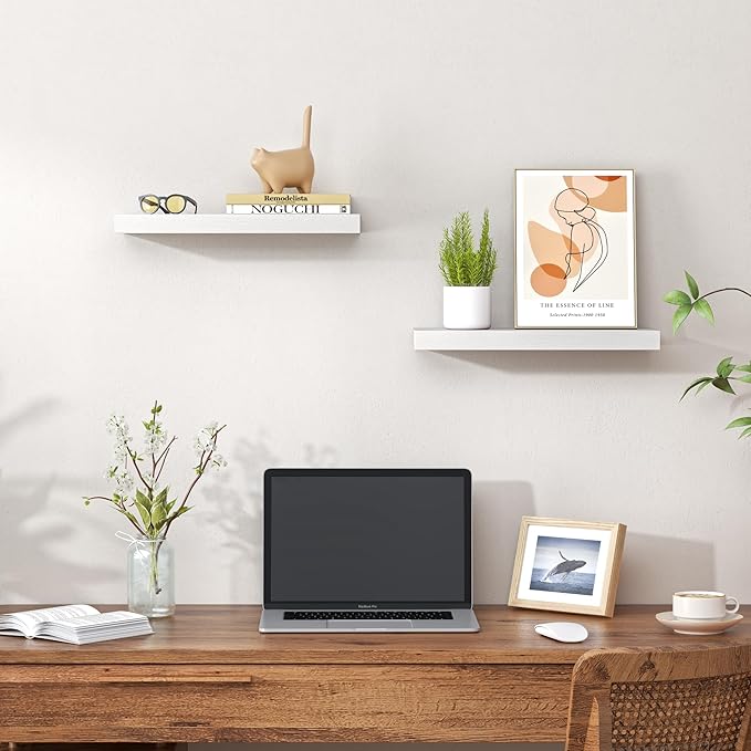 Heimlove Floating Shelves for Wall,16 inchs Shelf for Small Bathroom,Mounted Storage & Display Shelves for Bedroom,Living Room,Kitchen,Office,Set of 2,White
