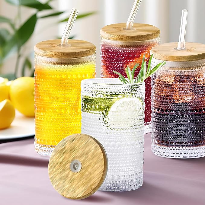 Hobnail Drinking Glasses with Bamboo Lids and Glass Straw 4Pcs Set - 14oz Vintage Glass Cups, Water Glasses, Iced Coffee Glasses, Cute Tumbler Cup, Ideal for Cocktail, Whiskey, Gift - Cleaning Brushes
