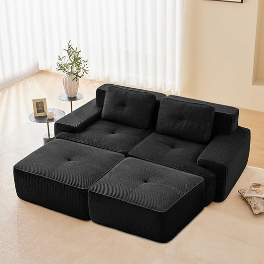 80" Modern Corduroy Boneless Love Seat Couches with 2 Ottomans, 2 Seater Large Sectional Couches for Living Room, Black Cloud Modular Sectional Sofa, Memory Foam, Extra Deep Loveseat, No Assembly